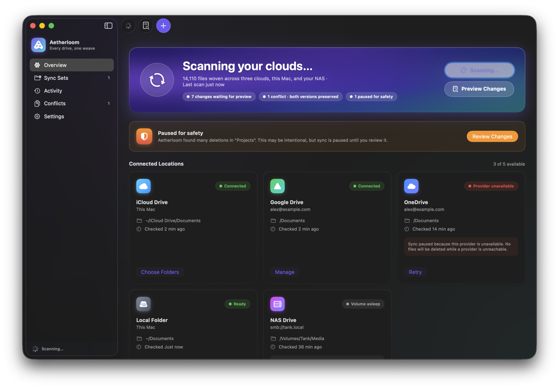 Aetherloom Overview screen scanning your clouds, showing connected locations and safety review status