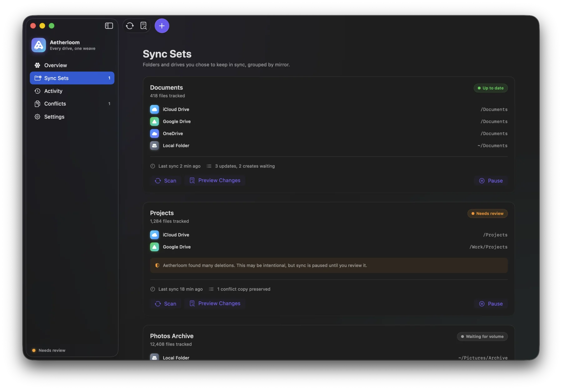 Aetherloom Sync Sets screen